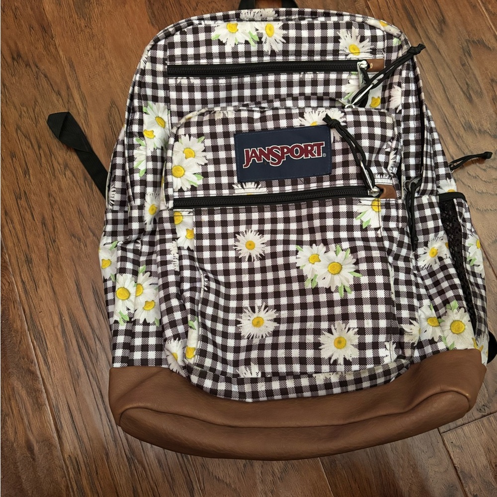 Jansport Black and White Checkered Backpack with Daisies